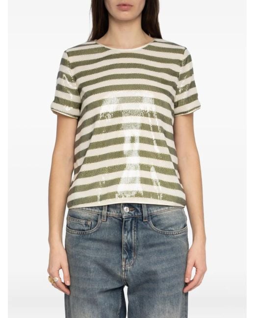 Zadig & Voltaire Green Tchao Sequin Stripe T-Shirt