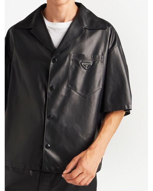 Chemise en cuir Nappa à plaque logo Prada pour homme en coloris Black