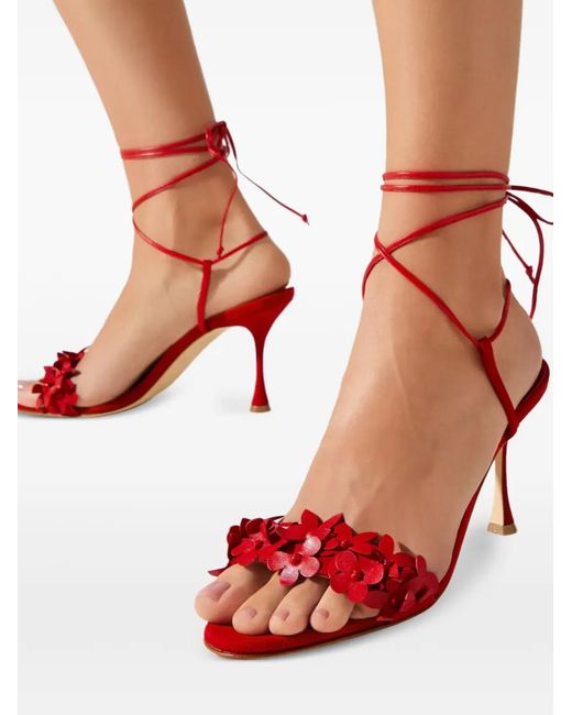 Manolo Blahnik Red Anista Floral-Detail Sandals