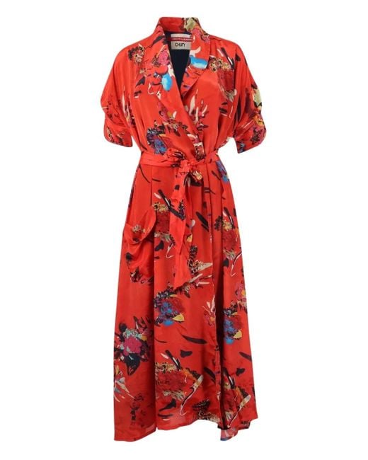 Chufy Floral-Print Maxi Wrap Dress in Red | Lyst