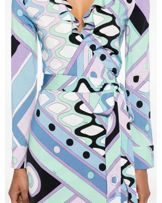 Robe portefeuille mi-longue à motif géométrique Emilio Pucci en coloris Blue