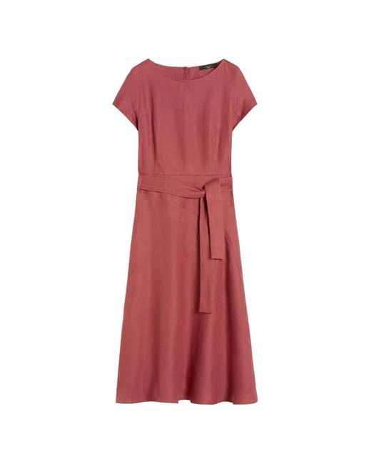 Max Mara Red Belted Linen Midi Dress