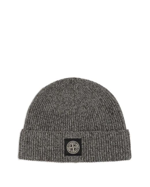 Stone Island Gray Ribbed Logo-Patch Beanie for men