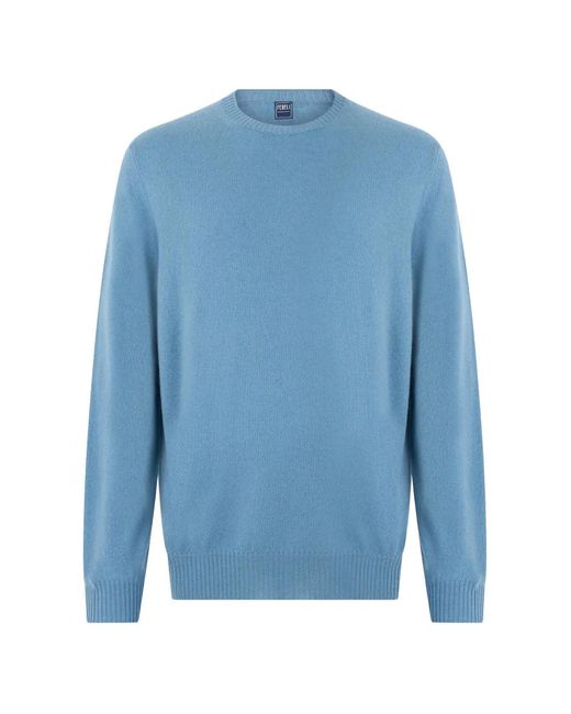 Fedeli Blue Cashmere Round-Neck Sweater for men
