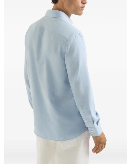Brunello Cucinelli Blue Cotton And Cashmere Denim-Effect Diagonal Shirt With Spread Collar for men