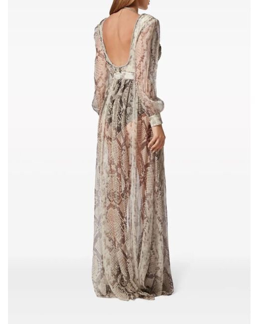 Philipp Plein Natural Silk Chiffon Long Dress Pitone