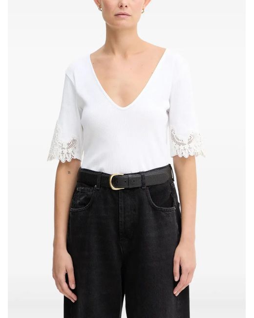 Twinset White V-Neck Lace-Detail T-Shirt