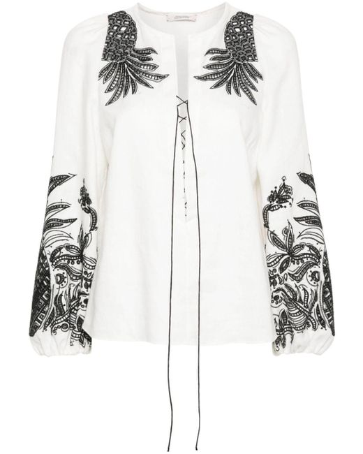 Dorothee Schumacher White Pineapple Embroidery Lace-up Linen Blouse