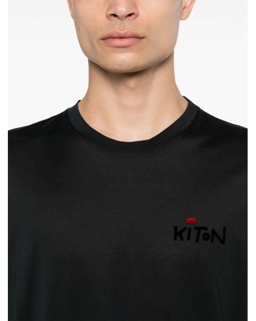 Kiton Black Logo-flocked Cotton T-shirt for men