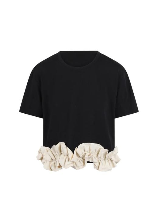 Jovonna London Black Cropped Ruffled-Trim Relaxed Fit T-Shirt