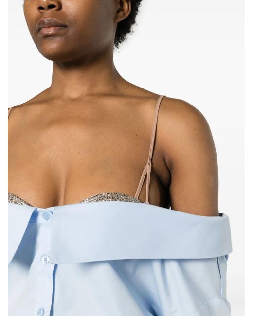 GIUSEPPE DI MORABITO Blue Rhinestoned V-Nek Poplin Shirt