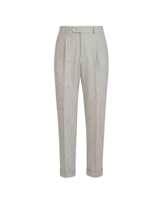Brunello Cucinelli Gray Virgin Wool And Cashmere Chalk Stripe Flannel Trousers With Pleat for men