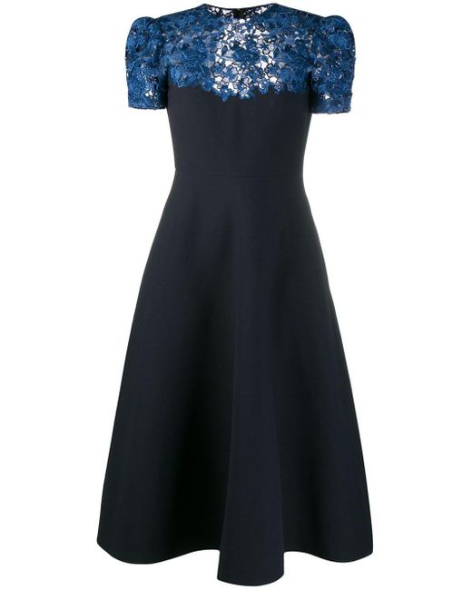 Valentino Black Floral Lace Panel Midi Dress