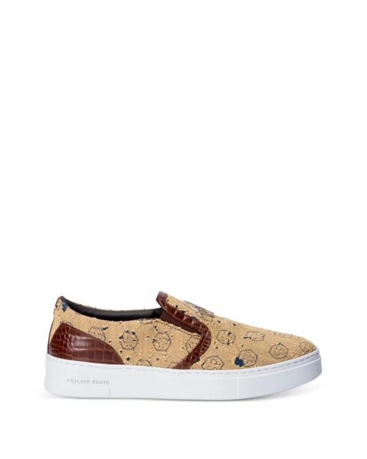 Philipp Plein White Monogram Slip-On Sneakers