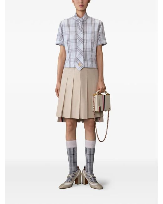 Thom Browne Blue Plaid Check Poplin Tie Collar Blouse