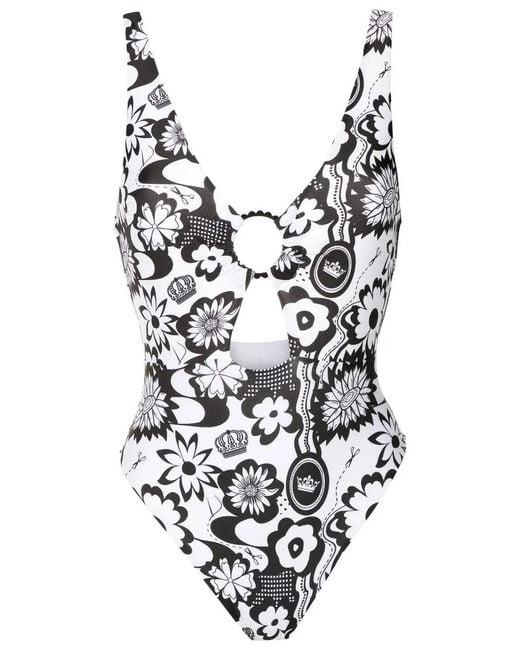 Amir Slama White Floral-Print Cut-Out Swimsuit