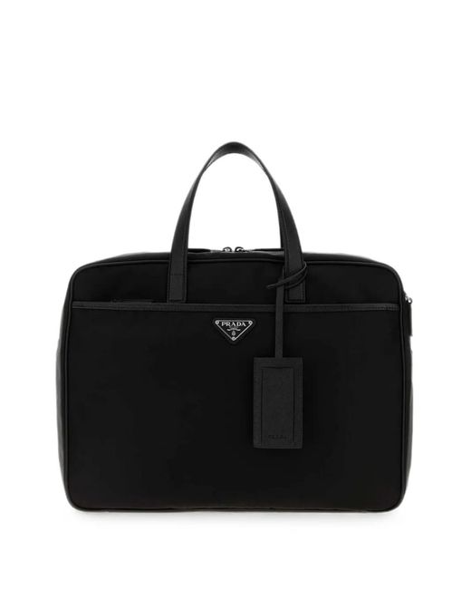 Prada Black Saffiano Leather-Trim Briefcase for men
