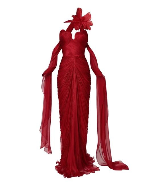 IRIS SERBAN Red Ruched Floral-Detail Maxi Dress