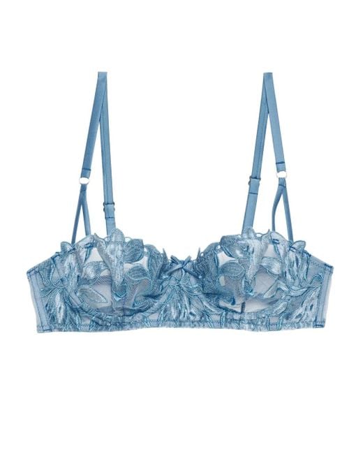 Fleur du Mal Blue Velvet Lily Embroidered Balconette Bra