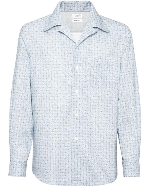 Camicia con motivo geometrico di Brunello Cucinelli in Blue da Uomo