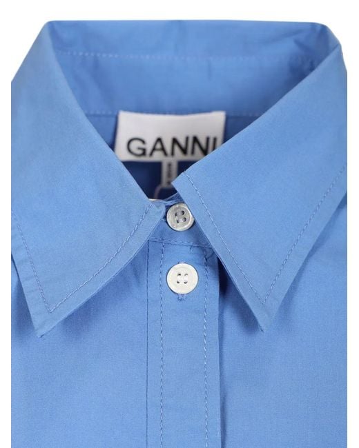 Ganni Blue Lace-Trim Crop Shirt