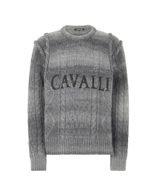 Roberto Cavalli Gray Embroidered-Logo Crew-Neck Sweater for men