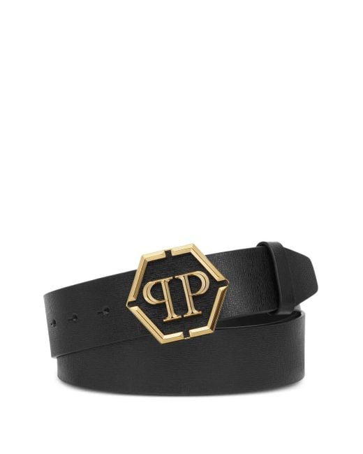Philipp Plein Black Saffiano Leather Hexagon Belt for men
