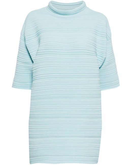 Pleats Please Issey Miyake Blue Crepe Knit Pleated Top
