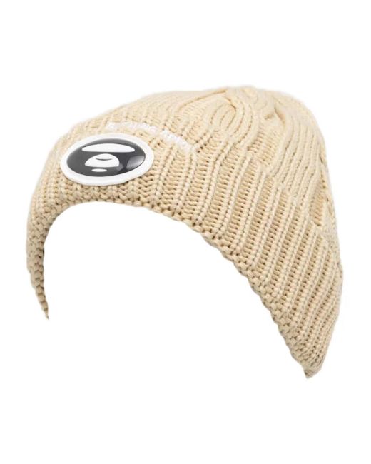 A Bathing Ape Natural Cable-Knit Logo-Patch Beanie for men