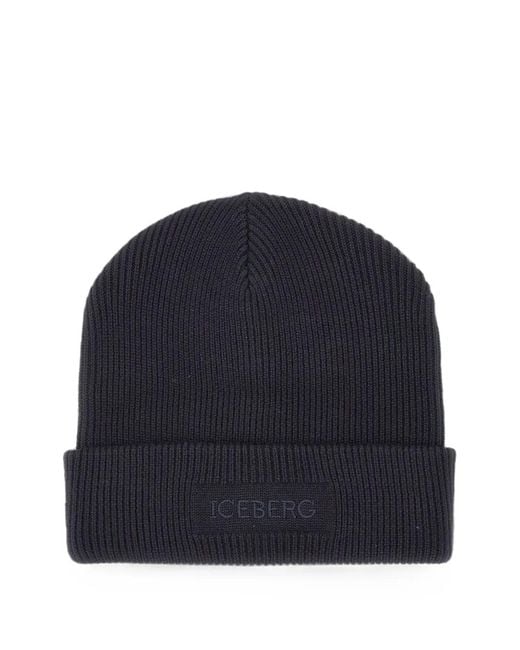 Iceberg Blue Ribbed-Knit Embroidered Beanie Hat for men