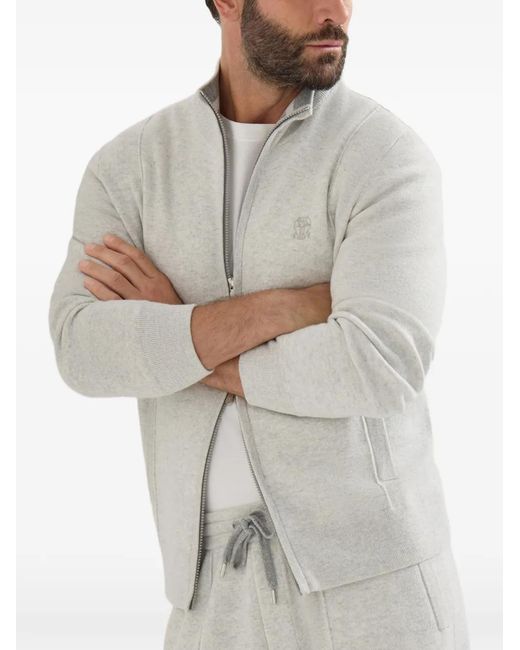 Brunello Cucinelli White Cashmere Double Knit Cardigan With Zipper And Logo for men