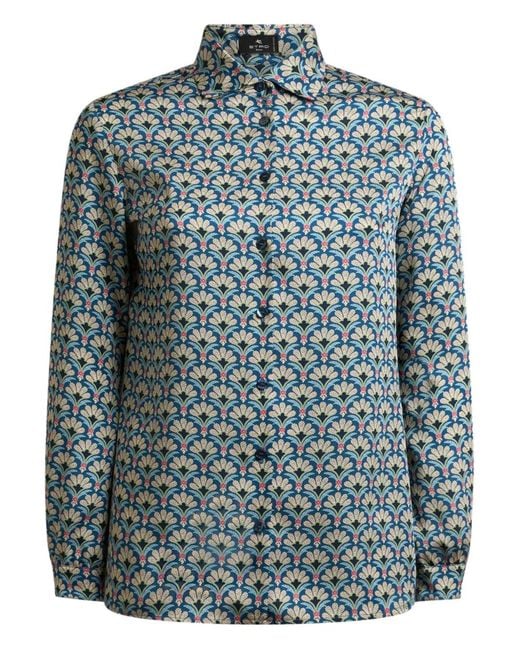 Etro Blue Twill Shirt With Micro Palm Motif