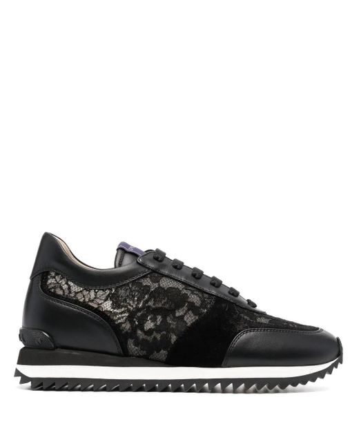 Le Silla Black Claire Lace-Embellished Leather Sneakers