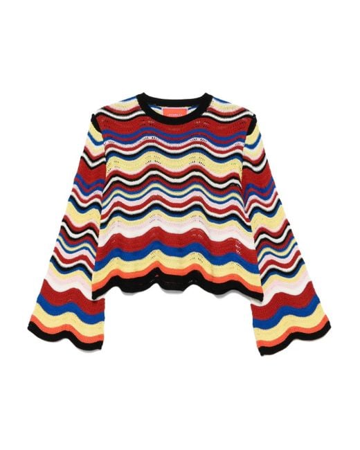 LaDoubleJ Red Wave-Pattern Bell-Sleeve Sweater