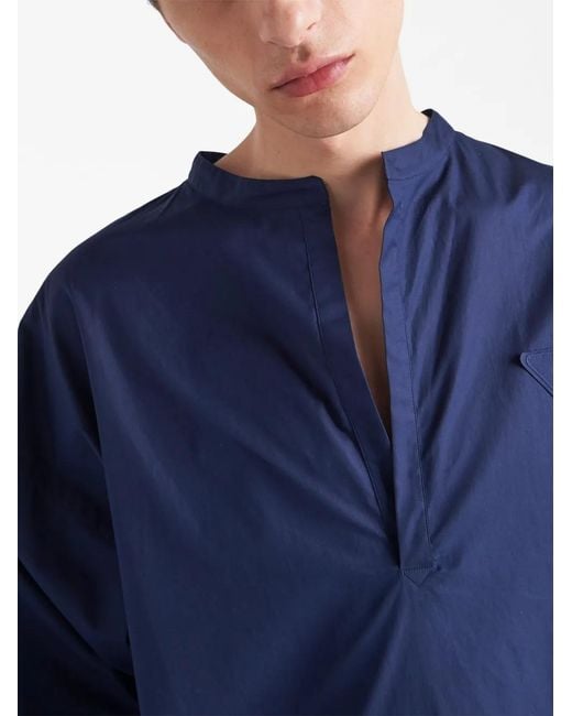 Prada Blue Triangle-Logo Cotton Shirt for men