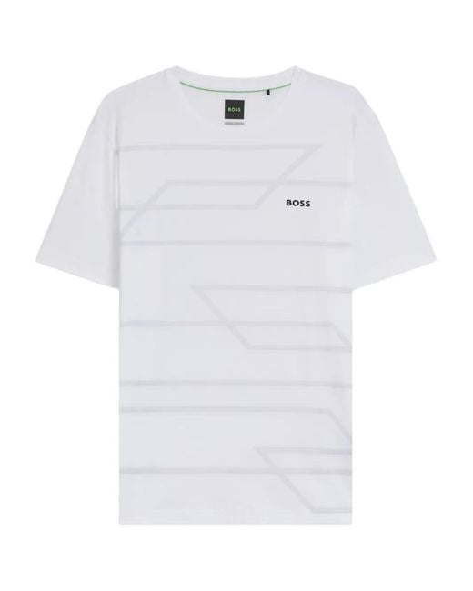 Boss White Geometric-Print Logo-Detail T-Shirt for men