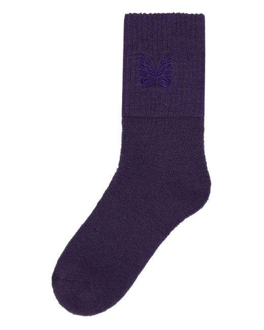 Needles Blue Butterfly Embroidered Wool Socks for men