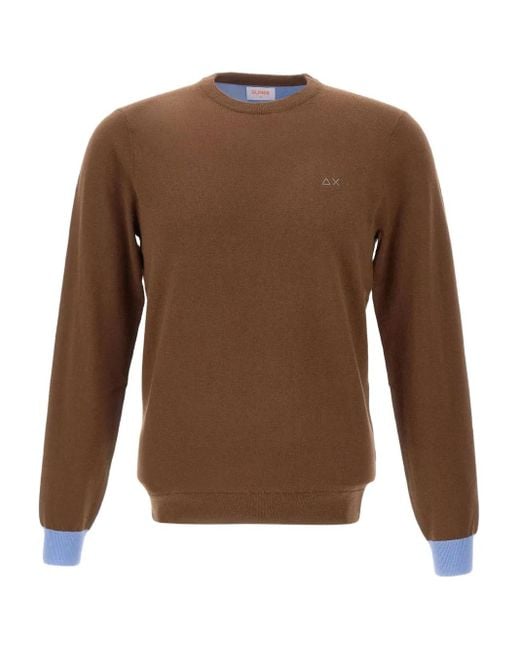 Sun 68 Brown Elbow-Patch Crew-Neck Sweater for men