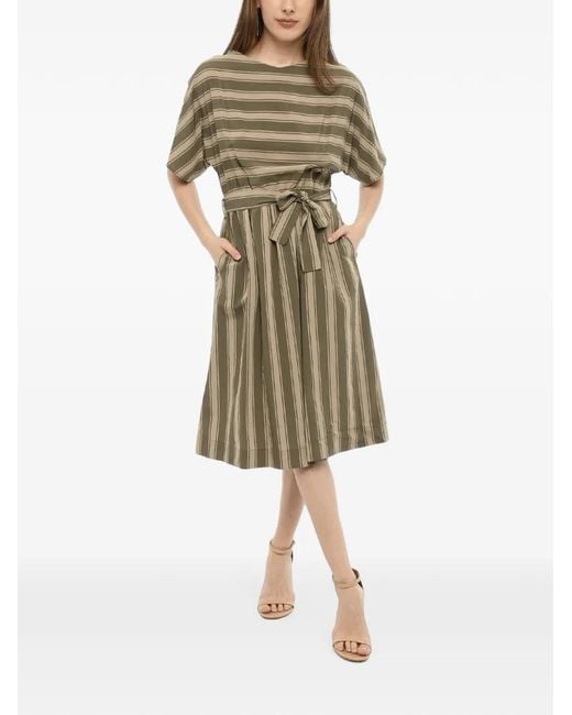 Woolrich Natural Midi Bayadere-Striped Belted Dress