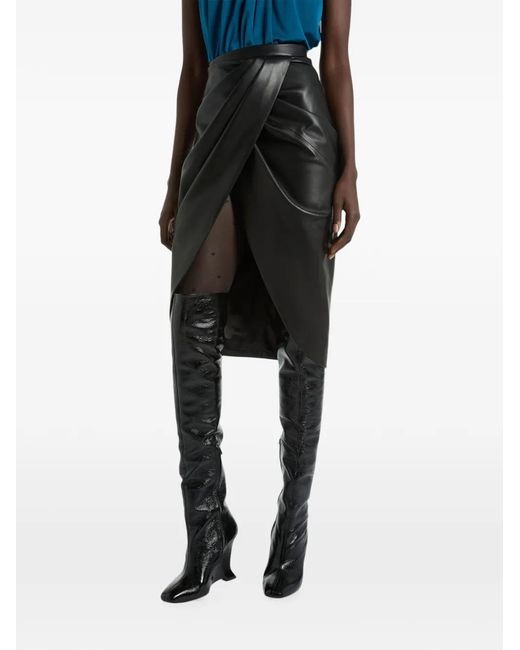 Balmain Black Draped Lambskin Midi Skirt