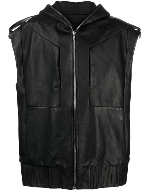 Rick Owens Black Lido Sleeveless Hooded Leather Jacket for men