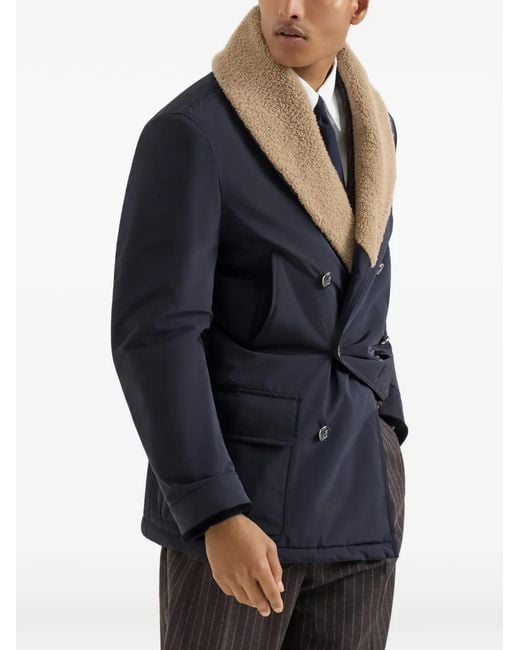 Brunello Cucinelli Blue Bonded Nylon Double-Breasted Coat With Shearling Lining for men