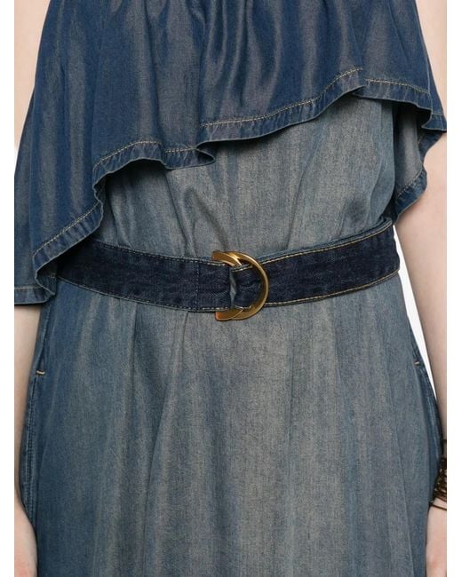 Pinko Blue Ruffled Belted Denim Maxi Dress