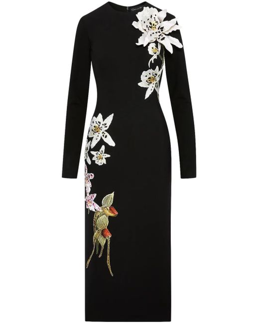Oscar de la Renta Orchid Midi-Jurk Met Kristaldraad in het Black