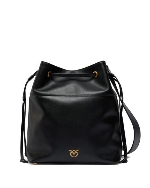 Pinko Black Drawstring Leather Medium Bucket Bag