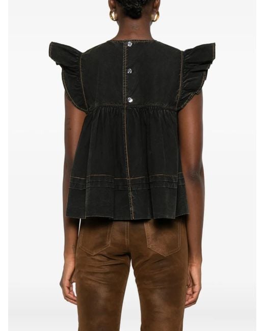 Ganni Black Ruffled-Trim Smock Top