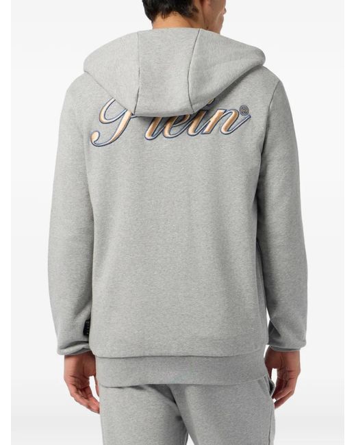 Philipp Plein Gray Embroidered-Logo Zip-Up Hoodie for men