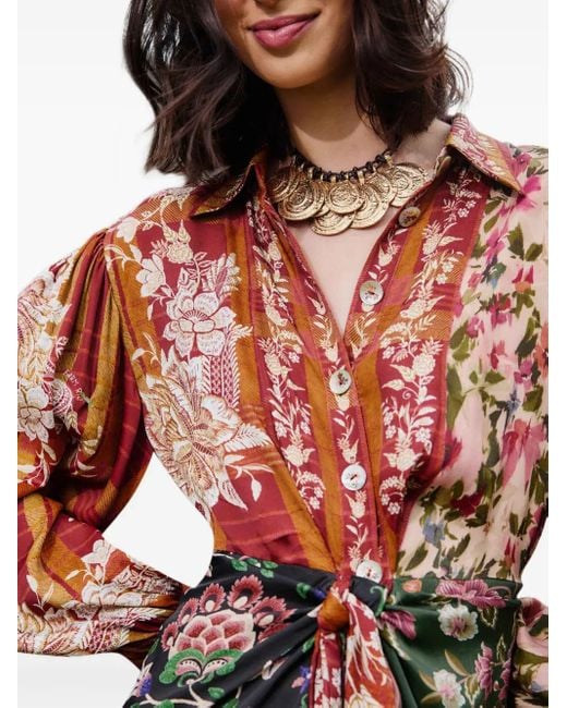 Farm Rio Red Buttoned Floral-Print Mini Dress