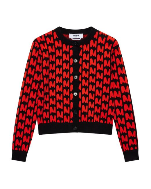 MSGM Red Monogram-Pattern Button-Up Cardigan