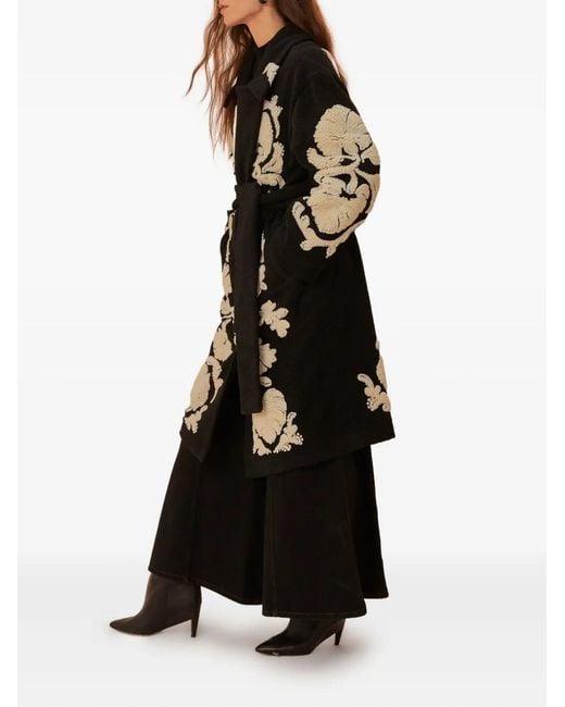Farm Rio Black Helen Floral-Embroidered Belted Coat